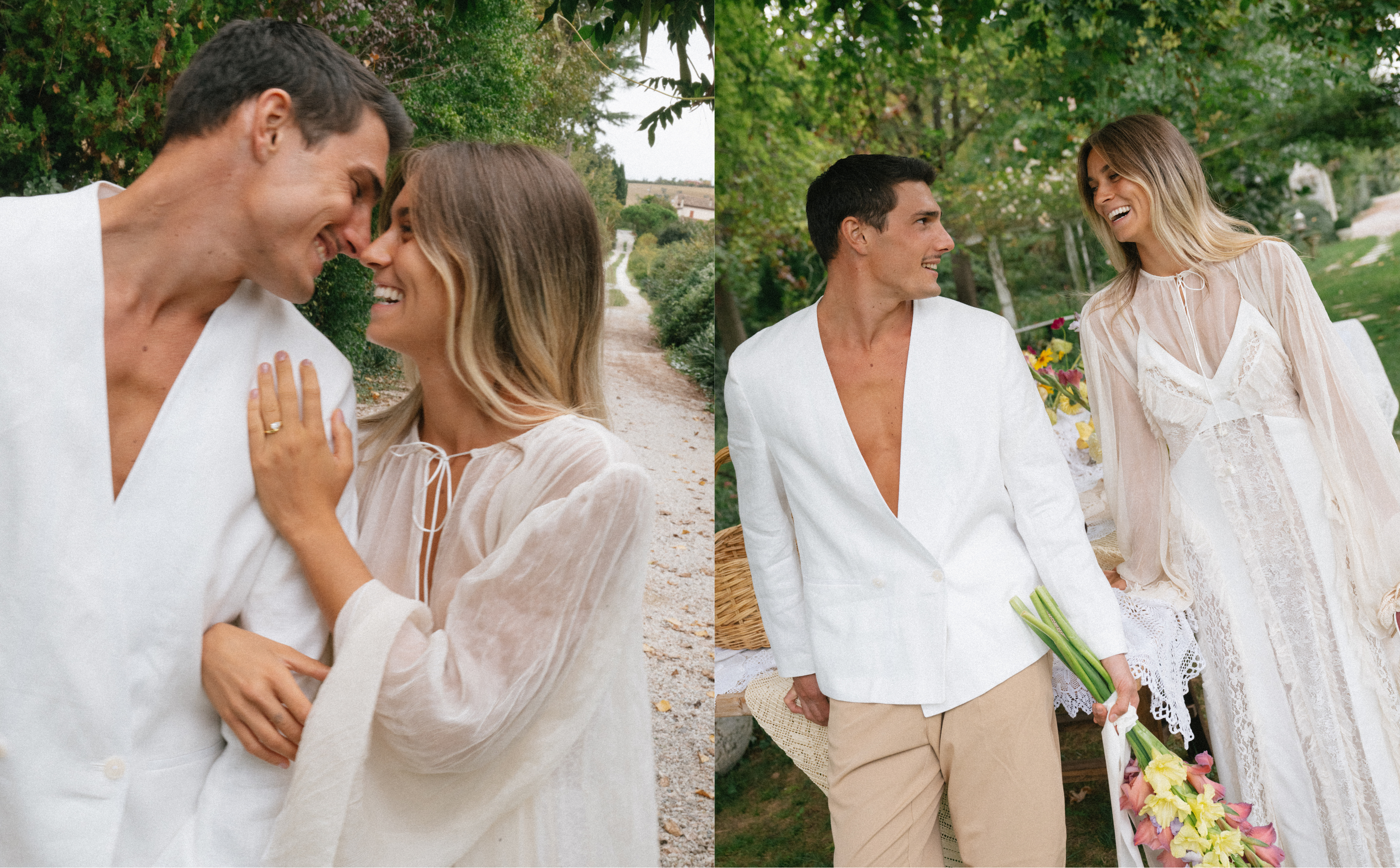 Two images of a couple in white outfits, one embracing and the other holding hands with flowers outdoors.